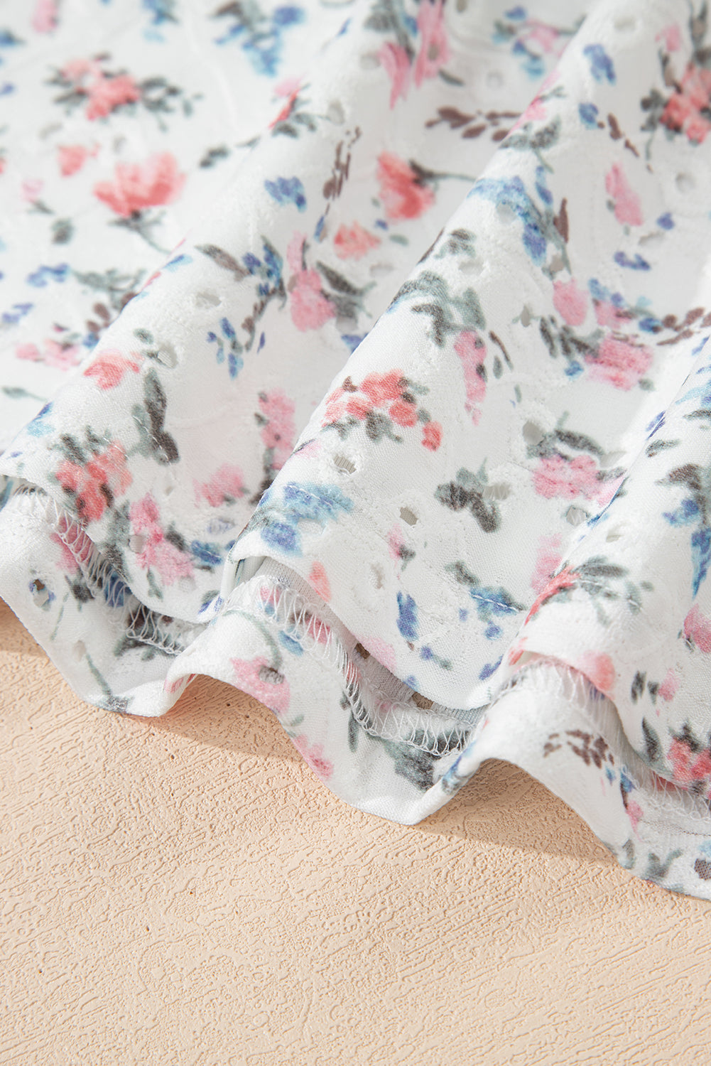 White Floral Print Textured Square Neck Slim Fit Long Sleeve Top