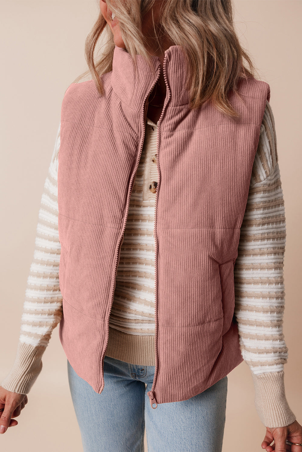 Coffee Corduroy Stand Neck Zipped Puffer Vest