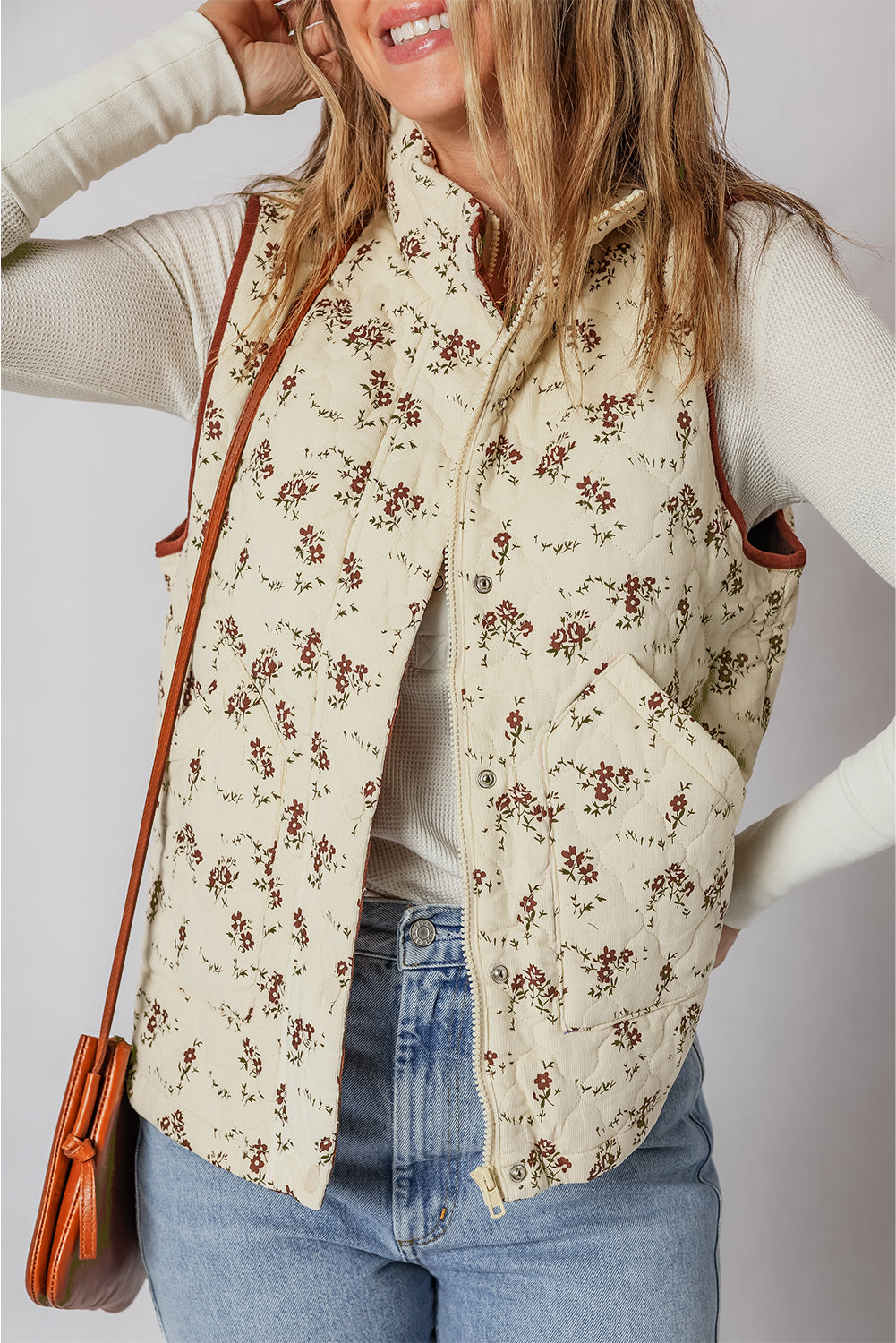 Apricot Floral Print Zip Up Quilted Vest