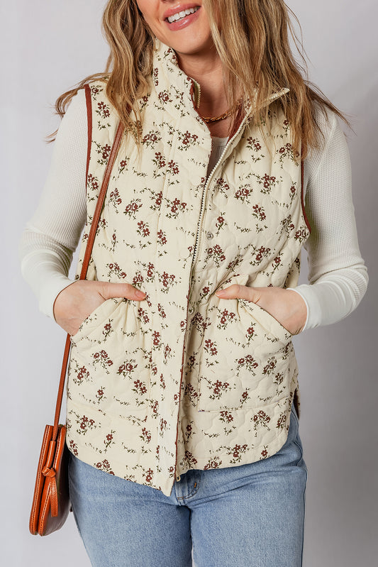 Apricot Floral Print Zip Up Quilted Vest