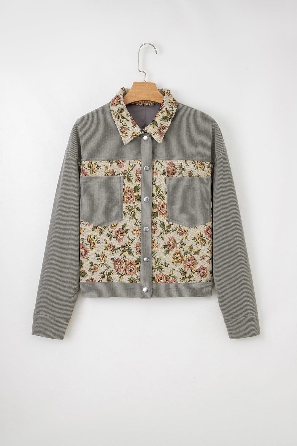 Clay Ribbed Retro Floral Patchwork Shirt Style Jacket
