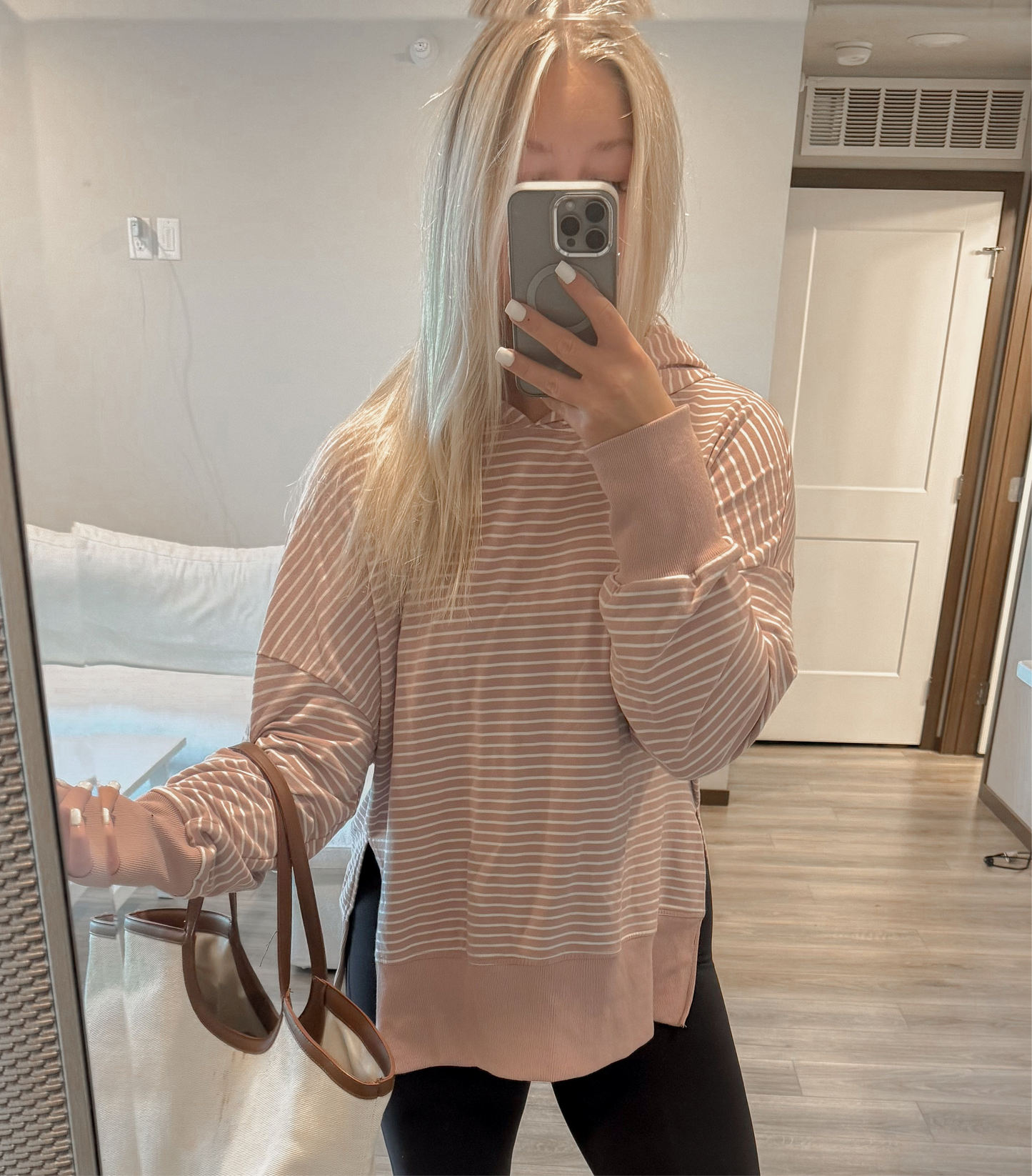 Purple Stripe Thumbhole Side Slits Drop Shoulder Loose Fit Hoodie