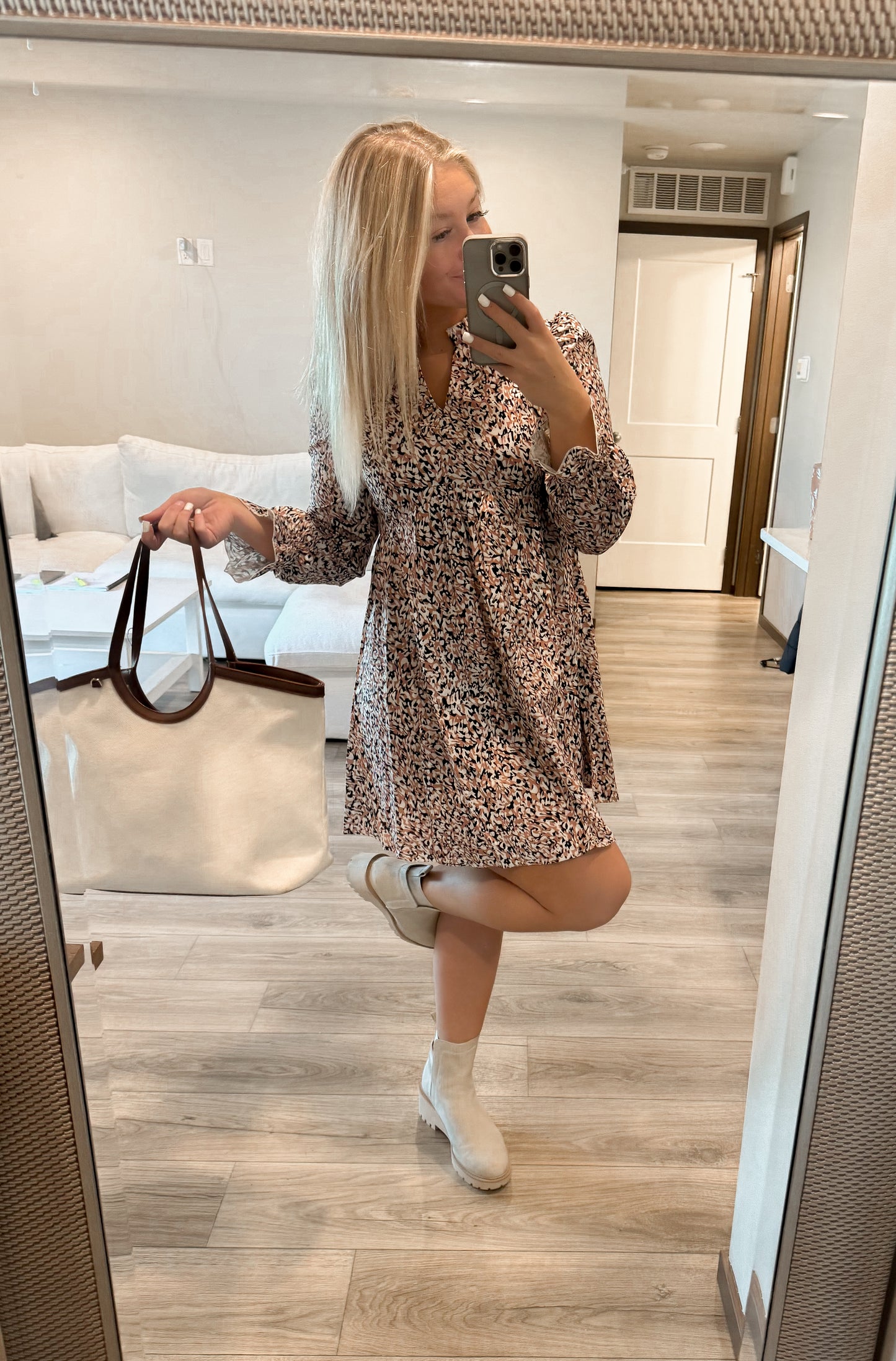 Printed Notched Flounce Sleeve Dress