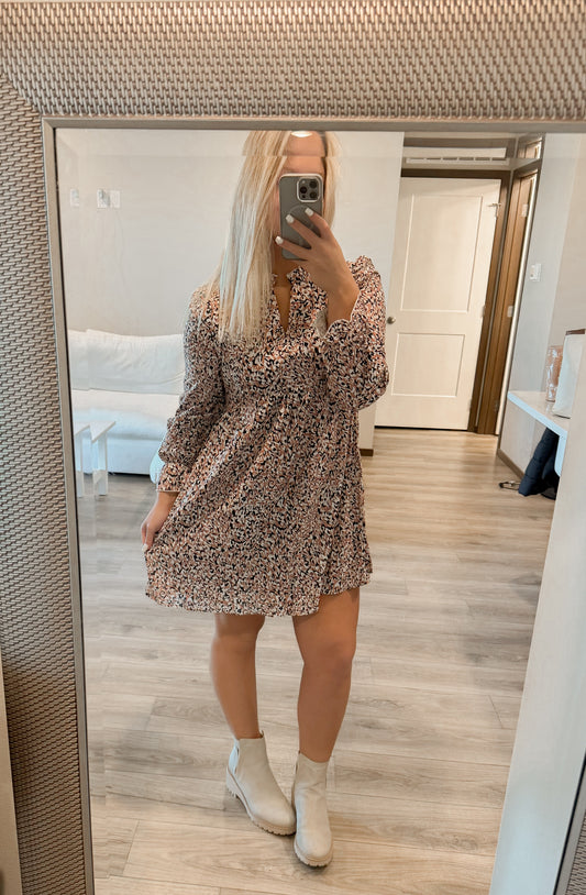 Printed Notched Flounce Sleeve Dress