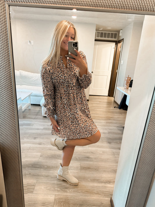 Printed Notched Flounce Sleeve Dress