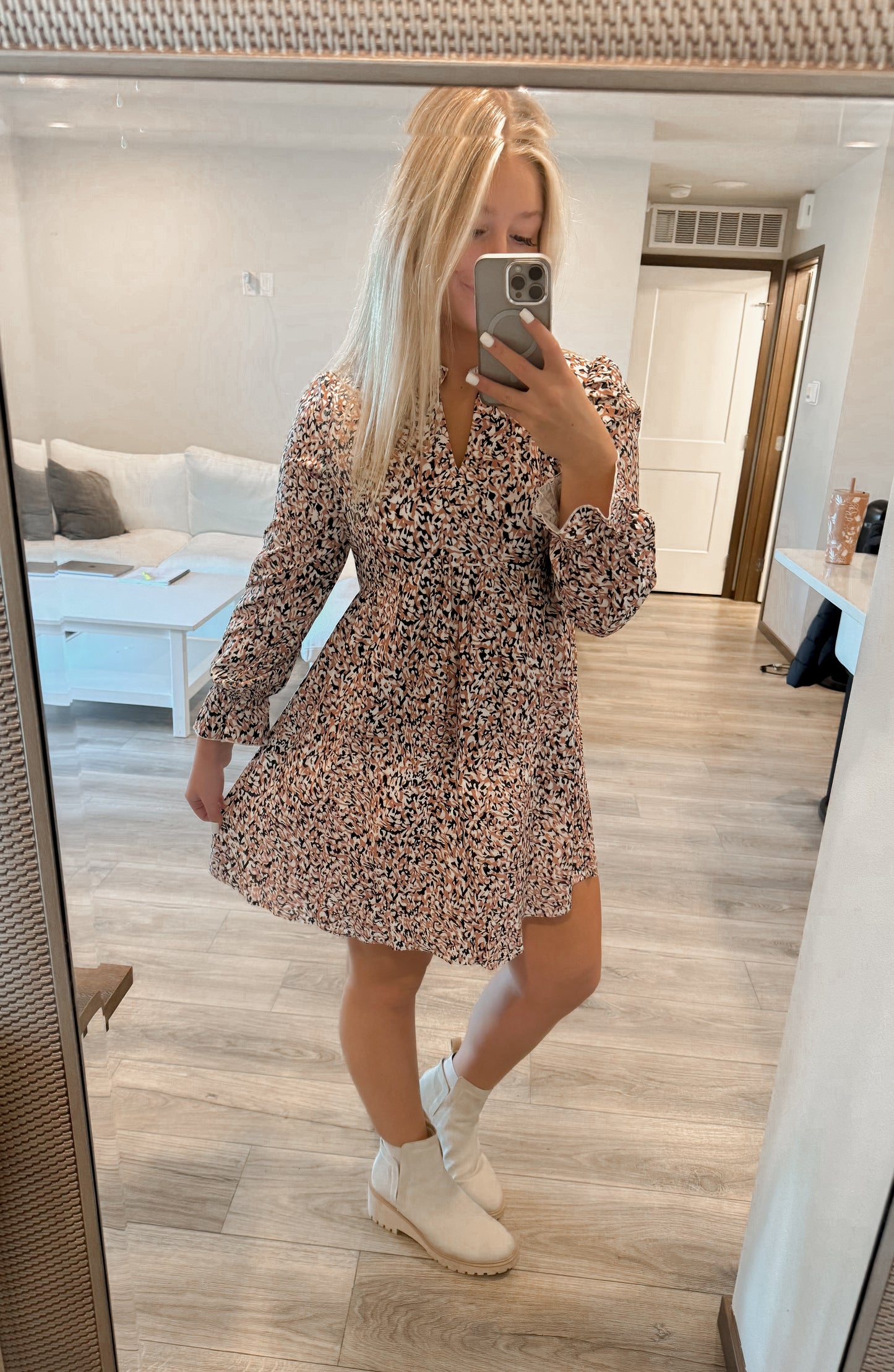 Printed Notched Flounce Sleeve Dress