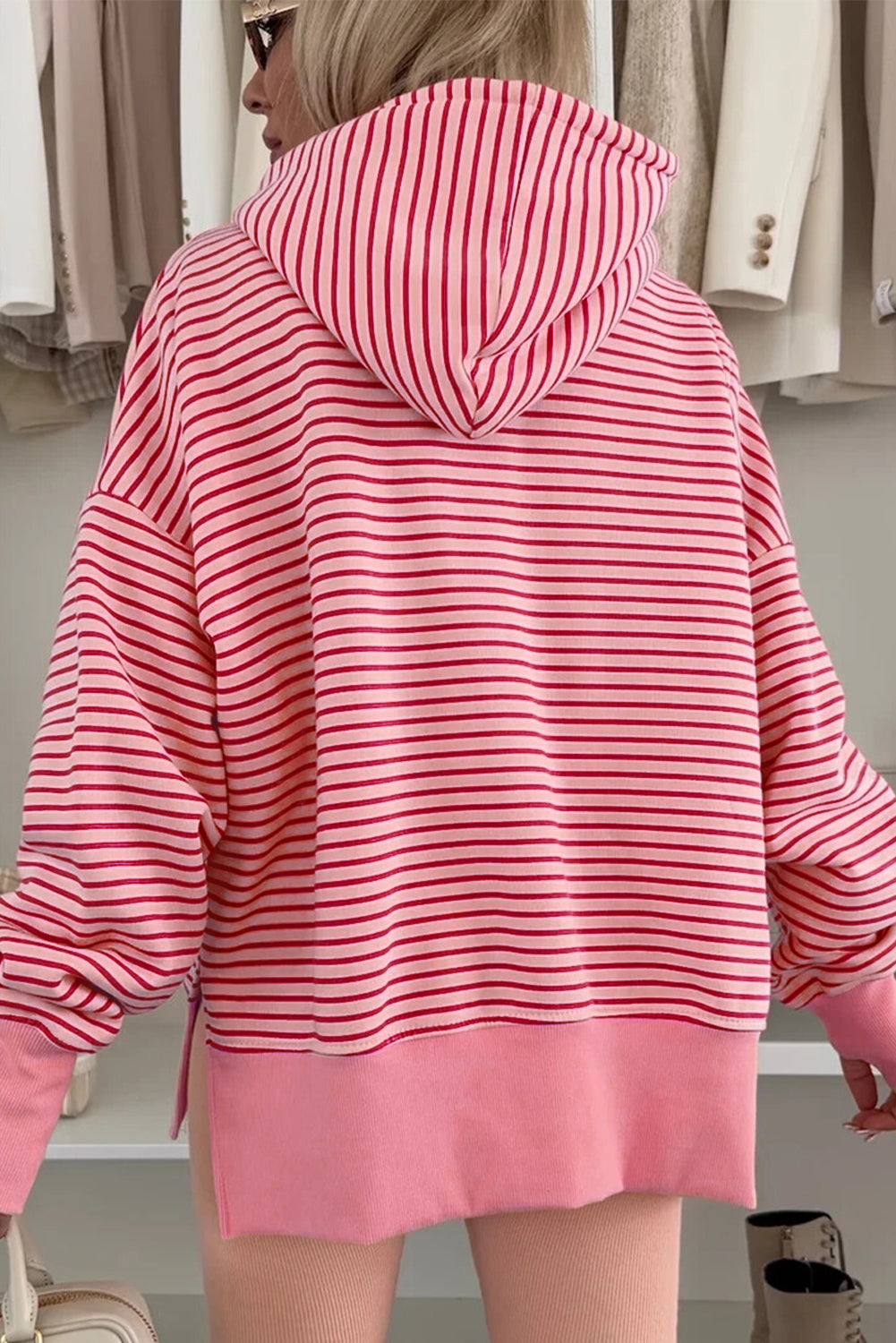 Purple Stripe Thumbhole Side Slits Drop Shoulder Loose Fit Hoodie